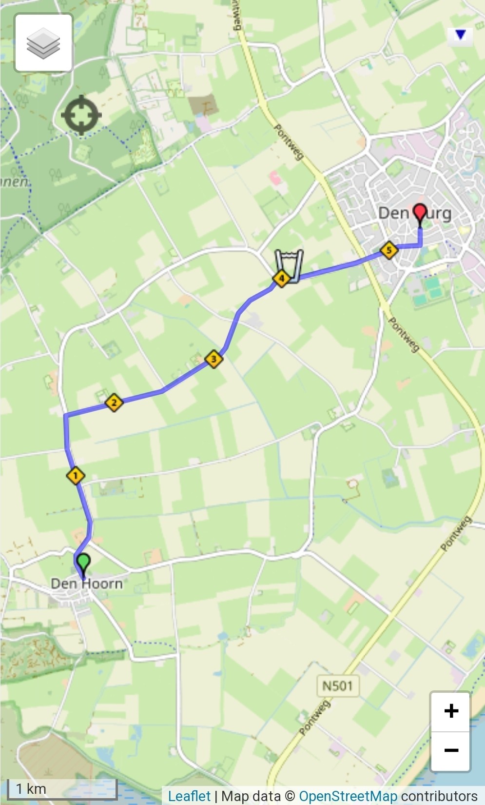 Plattegrond met 1/8 marathon op Texel