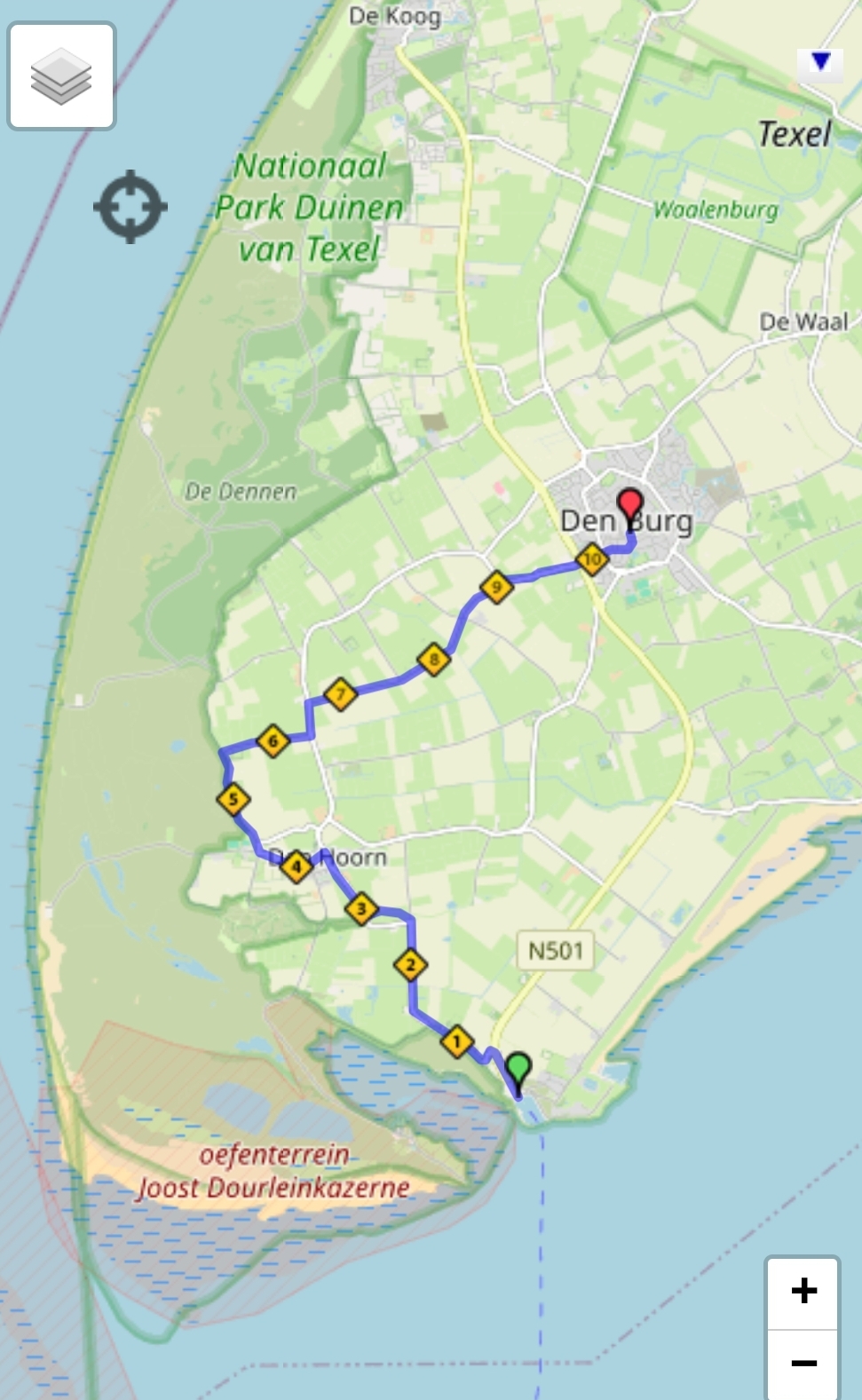 Plattegrond met 1/4 marathon op Texel